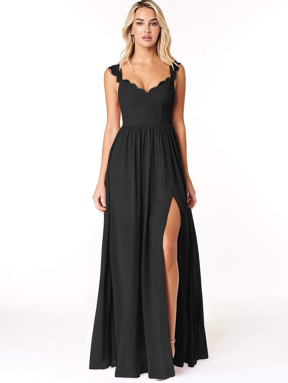 Azazie Cleobella 6 Black Sweetheart Lace Chiffon Bridesmaid Maxi Formal Dress